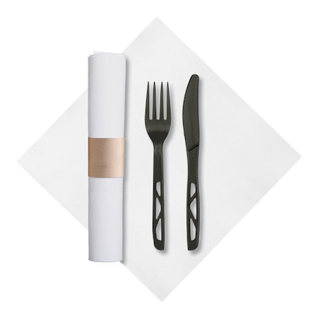 Hoffmaster 7.75" x 7.75" Pre-rolled White Napkins Black Knife and Fork PK 50 PK 120026